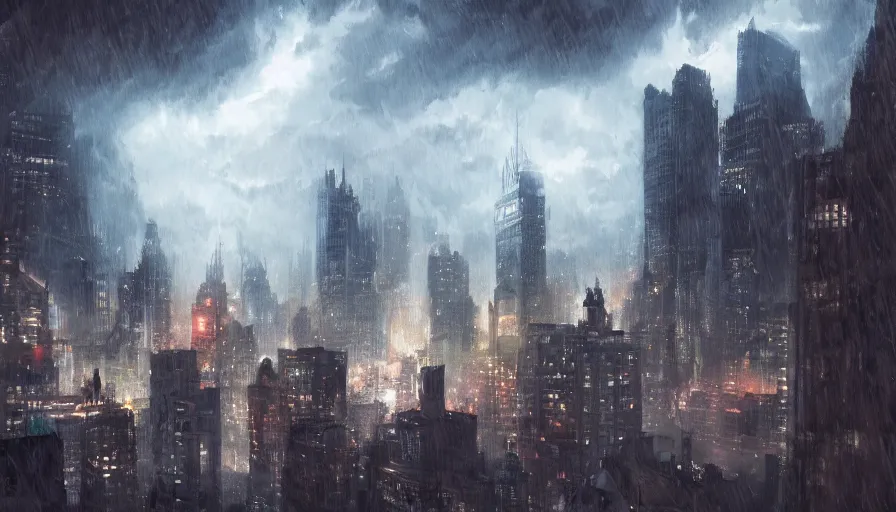 Prompt: Digital painting of Gotham City with Batman on a rooftop during a thunderstorm, wide angle, volumetric light, hyperdetailed, artstation, cgsociety, 8k