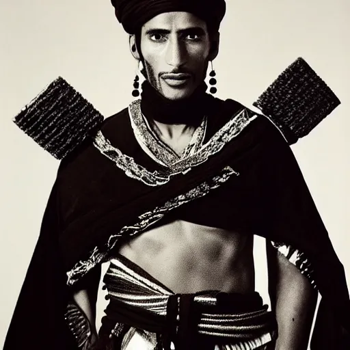 Prompt: A Moroccan samurai, portrait, by Richard Avedon, Derek Ridgers, Mert and Marcus