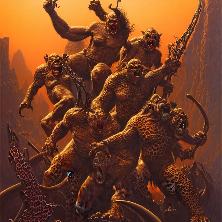 Prompt: fabulous half - orcs in leopard skins, tim hildebrandt, wayne barlowe, bruce pennington, donato giancola, larry elmore, oil on canvas, masterpiece, trending on artstation, featured on pixiv, cinematic composition, dramatic pose, beautiful lighting, sharp, details, hyper - detailed, hd, hdr, 4 k, 8 k