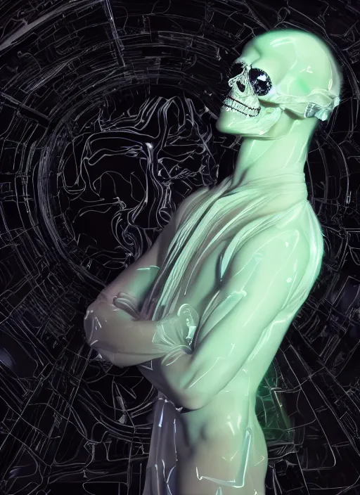 Prompt: photo of fullbodied baroque and bladerunner delicate neon diamond sculpture of seductive onyx albino marble prince zac stenmark dotado mint iridescent humanoid deity wearing black plastic trashbag hooded cloak holding hellfire skull in a onyx alien dungeon, reclining, glowing magenta face, crown of white diamonds, cinematic lighting, photorealistic, octane render 8 k depth of field 3 d