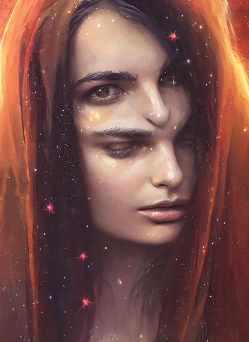 Image similar to detailed portrait of Emily Ratajkowski wearing a cloak over her head, eyes sparkling with starlight a halo of shimmering color around her, the moon in the background, by Jason Jenicke and Jeremy Mann, intricate, beautiful, stylized, detailed, realistic, loose brush strokes, celestial, enduring, captivating, Artstation