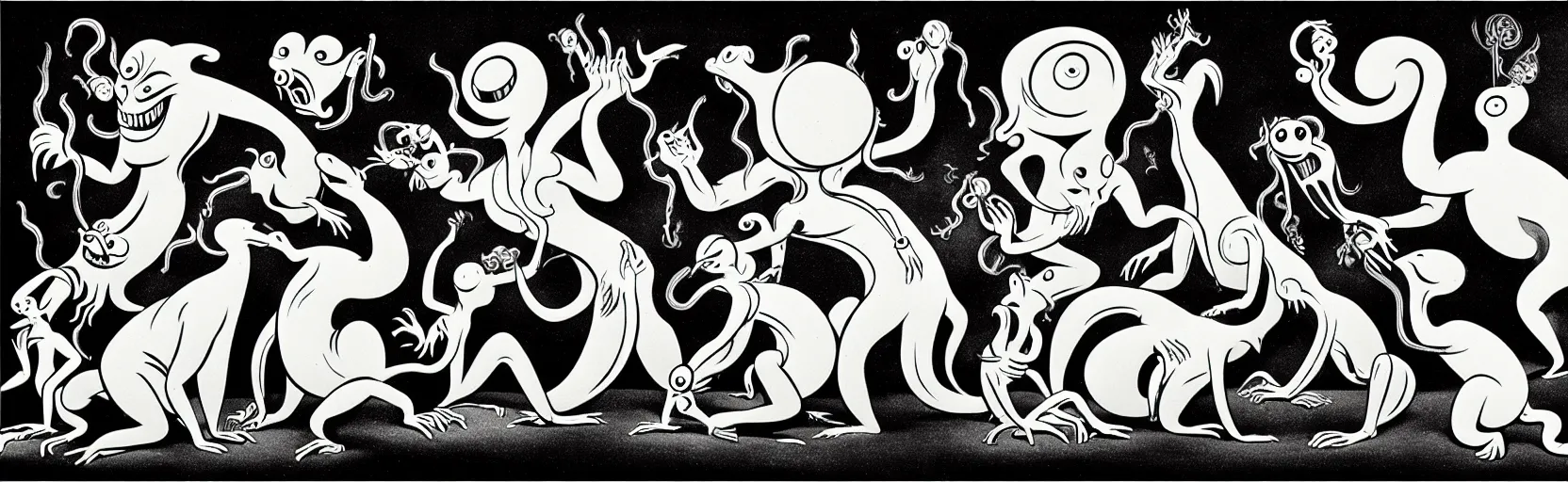 Image similar to whimsical creatures from the depths of the collective unconscious, dramatic lighting, surreal dark 1 9 3 0 s fleischer cartoon characters