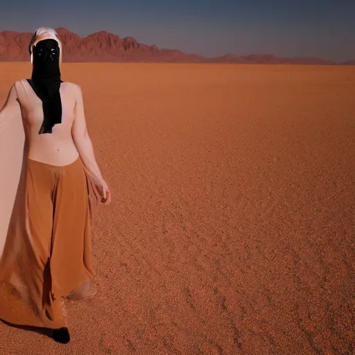 Prompt: full body shot of a pale woman in a desert lanscape, wearing a full face occult mask, dry desert background, award winning photography, 8k, in the style of Darren Arnofsky, David Lynch and Alejandro Jodorowsky,