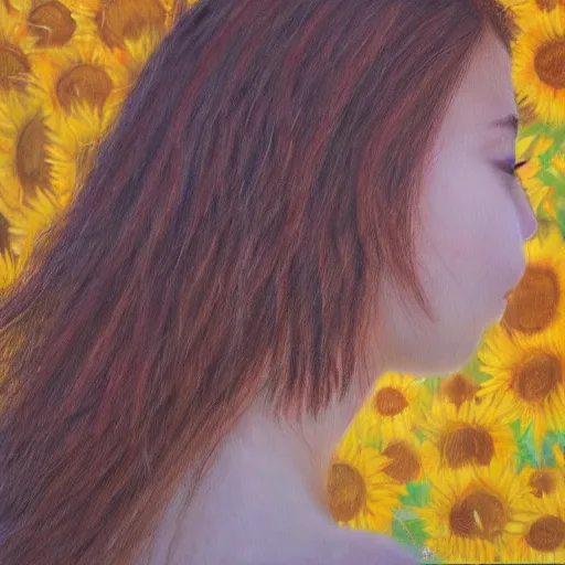 Image similar to a girl in amazing tall sunflower field, her hair flowing down, subtle, intricate details, real masterpiece, oil on canvas, by somsak anong