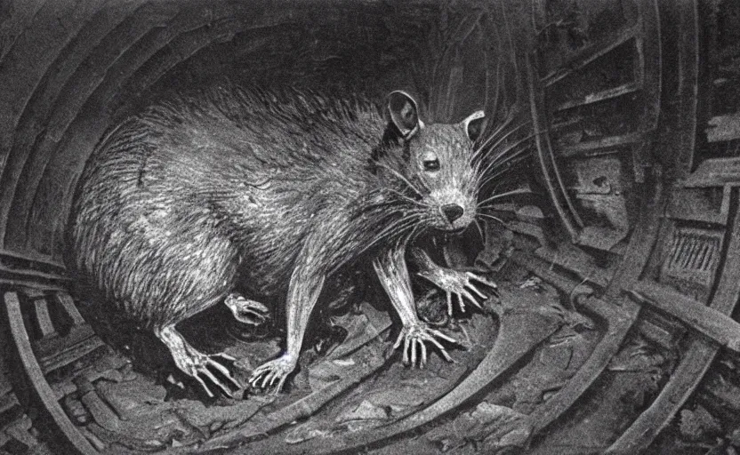 Image similar to very large giant mutant zombie rat with cancer in tonnel of moscow metro. extreme high detail. low dark light, scary atmosphere. 1 9 7 0