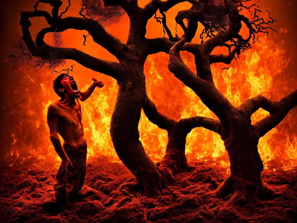 Prompt: award - winning color photo of a man painfully transforming into an oak tree, screaming in agony, blood, a blinding explosion in the background, the soil is on fire, chiaroscuro, awe, terror, beauty