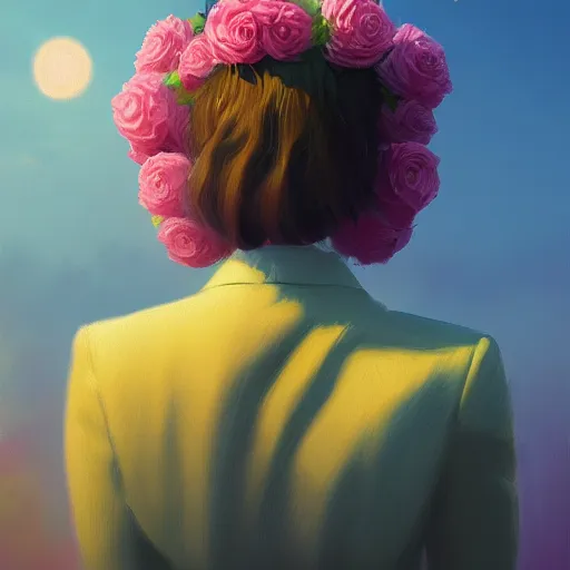 Prompt: closeup, huge rose flower head, frontal, girl in a suit, surreal photography, sunrise, dramatic light, impressionist painting, digital painting, artstation, simon stalenhag