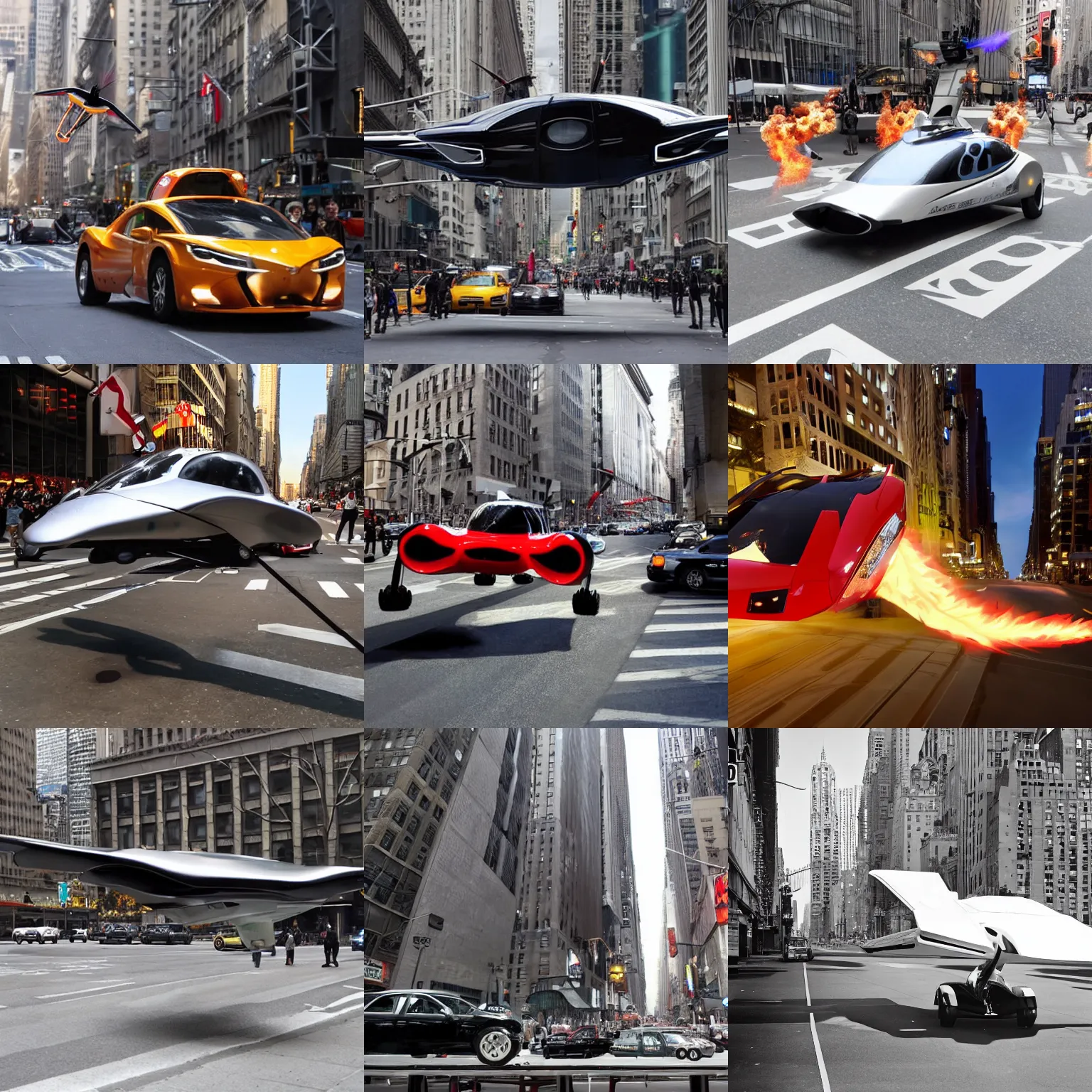 Prompt: photo of a flying car that hovers two meters above the pavement in the 5 th avenue of new york. it has a new propulsion system with antigravity engines. the engines throw flames. highly detailed