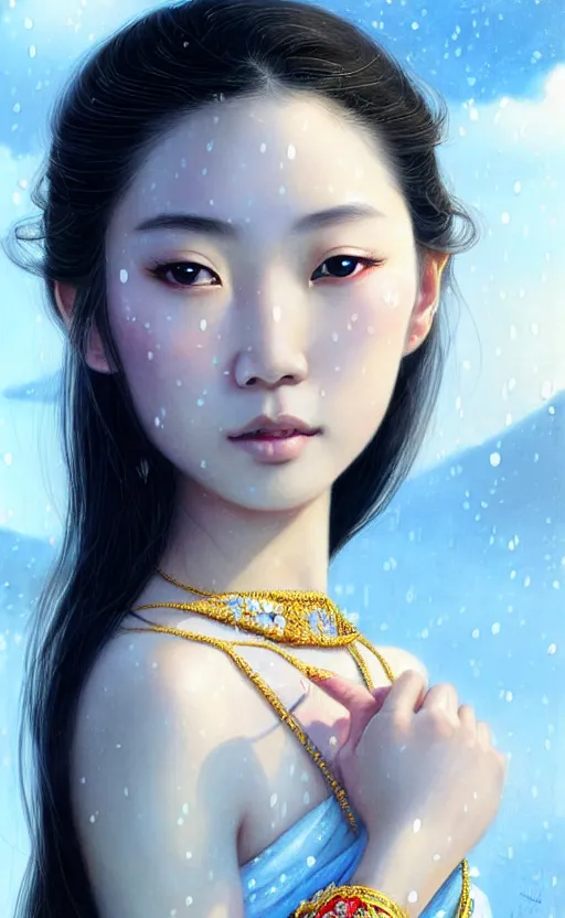 Image similar to a beautiful young charming asian goddess with sundress + jewelry + shinny eyes | | winter, symmetric, realistic shaded, unpleasant face, good looking, fine details, dior, lv, realistic shaded lighting poster by greg rutkowski, macoto takahashi, magali villeneuve, artgerm, jeremy lipkin and michael garmash