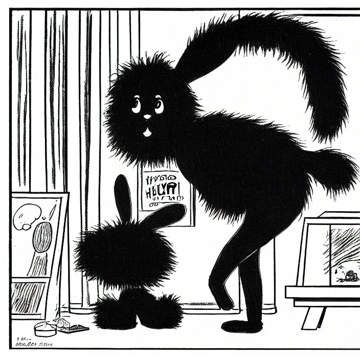 Image similar to a still frame from comic strip, black fluffy hairy furry rabbit on a clean background 1 9 5 0, herluf bidstrup, new yorker illustration, monochrome contrast bw, lineart, manga, tadanori yokoo, simplified,