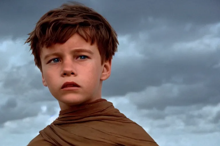 Prompt: a cinematic headshot portrait of a boy in the movie dune, in a serene vast desert, storm, dry, film still, cinematic, movie still, dramatic lighting, 1 6 : 9 ratio