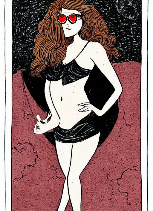 Prompt: a dark tarot card featuring an illustration of a pale young woman, chubby, with long wavy red hair and trendy glasses standing in a room, text and illustrations, by linnea gits, peter dunham, kathy zyduck, incredibly detailed art,