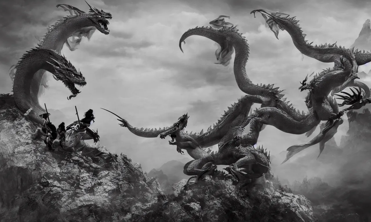 Prompt: a wuxia sword master battling the great oriental dragon on misty mountain , epic cinematic scene , 24mm f4 ,