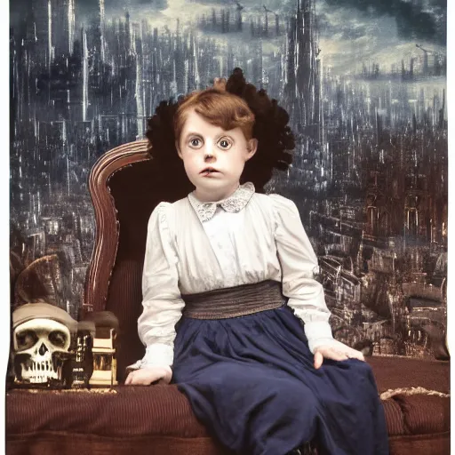 Image similar to a color photo of young sad victorian gothic child with big eyes and wide grin sitting on a sofa of bones surrounded by a cyber futuristic cityscape made of human body parts, ultra detailed, 8 k resolution, beautiful lighting, expansive detailed layered city, landscape, sigma 8 5 mm, award winning photography