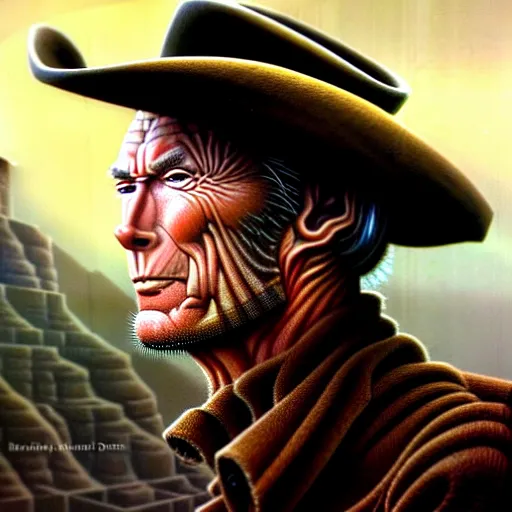 Prompt: closeup portrait shot of clint eastwood wearing a cowboy hat in a scenic dystopian environment, intricate, elegant, highly detailed, centered, digital painting, artstation, concept art, smooth, sharp focus, illustration, artgerm, tomasz alen kopera, peter mohrbacher, donato giancola, joseph christian leyendecker, wlop, boris vallejo