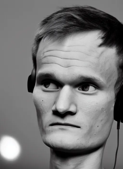 Image similar to perfect symmetric face, coherent eyes. vitalik buterin in headphones. vitalik buterin, close up, high detail, very sharp, 4 k