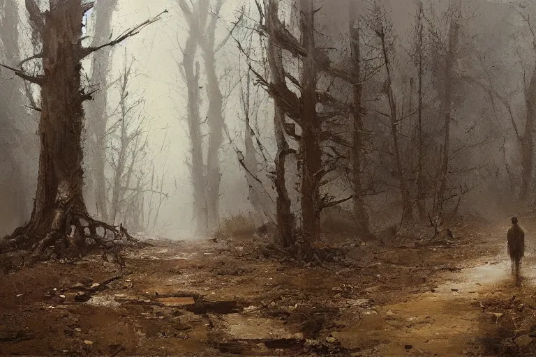 Prompt: painting of a path in a desolate valley, a dead stump of a tree at the crossroad, by jeremy mann and greg rutkowski, intricate cinematic light, oil on canvas