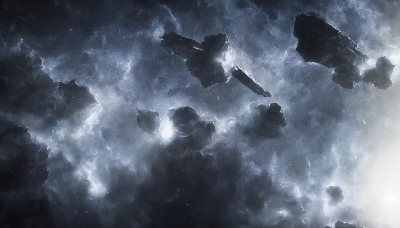 Image similar to panorama of an ominous dark nebula with a derelict stargate, eve online, octane render