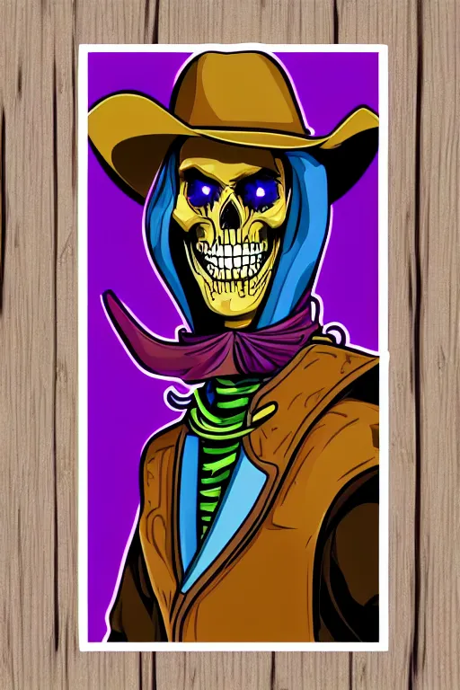 Image similar to A portrait of a skeletor that is a cowboy, sticker, colorful, illustration, highly detailed, smooth and clean vector curves, no jagged lines, vector art, smooth