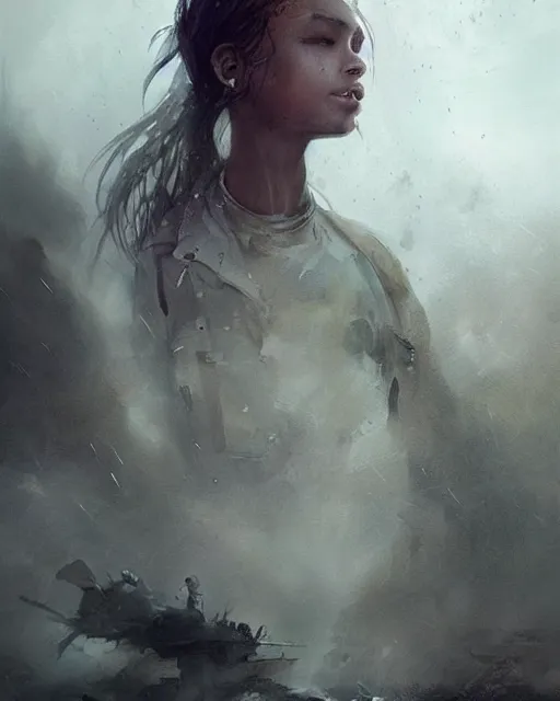 Image similar to battle hardened charismatic, rigged jayden steward, soldier in a desert, face centered portrait, confident, ruined cityscape, zombies, fog, rain, volumetric lighting, soft light particles floating near her, illustration, perfectly shaded, soft painting, art by krenz cushart and wenjun lin