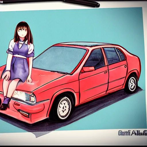 Prompt: a perfect, realistic professional digital sketch of two Japanese schoolgirls posing and 80s car, in style of Marvel, full length, by pen and watercolor, by a professional American senior artist on ArtStation, a high-quality hollywood-style sketch, on high-quality paper