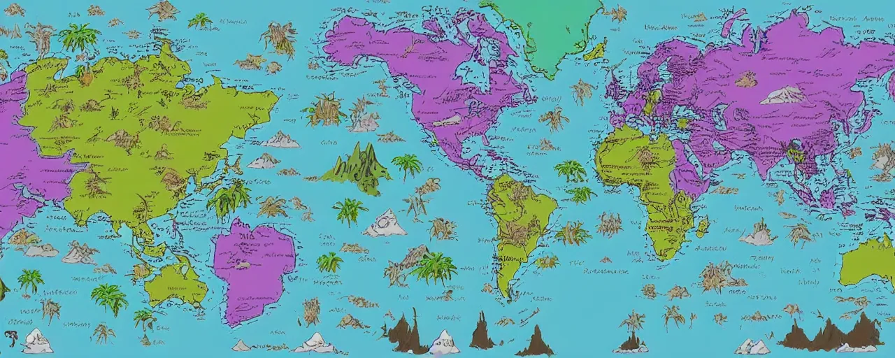 Prompt: Environment world map, hunter x hunter. Large ocean in the middle with four large green islands, surrounded by land gothic mountains, bright sparkling waterfalls, pink and blue grasslands, purple and mauve forests, bold colours, intricate, highly detailed, cartographic