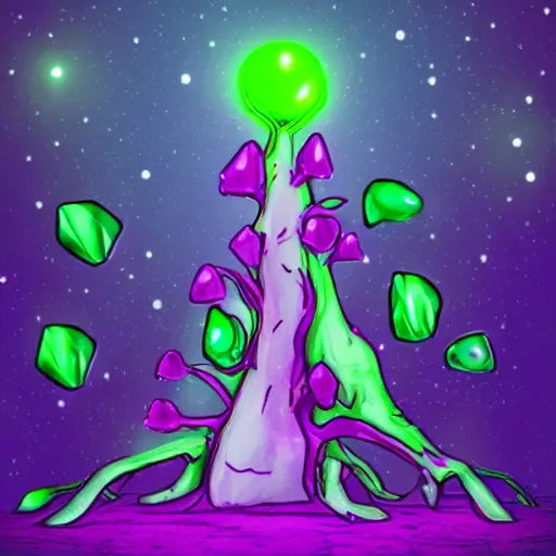 Prompt: a crazy alien tree with purple leaves and glowing green crystal fruit, cinematic, realistic cartoon