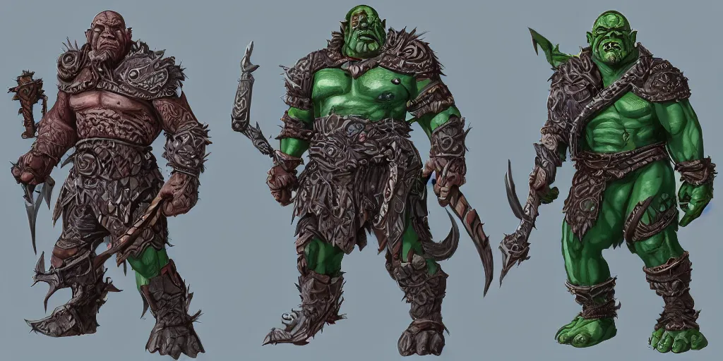 Prompt: different views of orcs, colourful intricate!! concept art by senior character artist, trending on artstation, full body character design