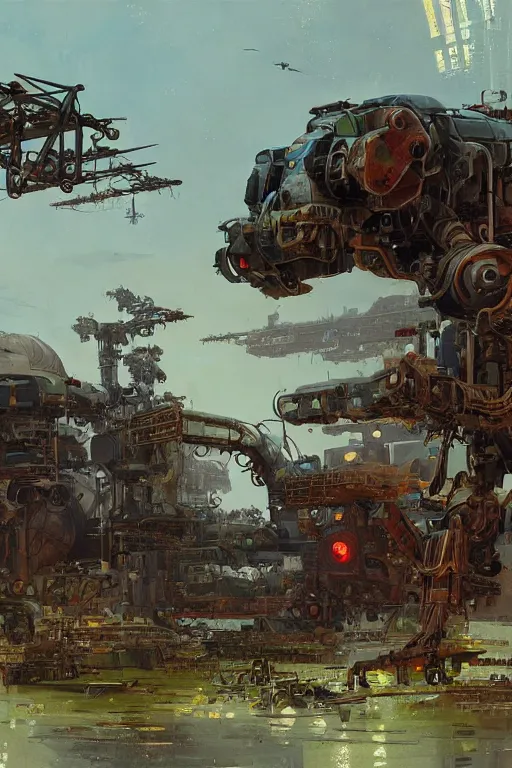 Image similar to dieselpunk concept art of a mechanised farm with drones and mechas working on it, grimy, gritty, dieselpunk trending on artstation, award winning painting, cgi, art by john berkey and anton fadeev and john howe and simon stalenhag