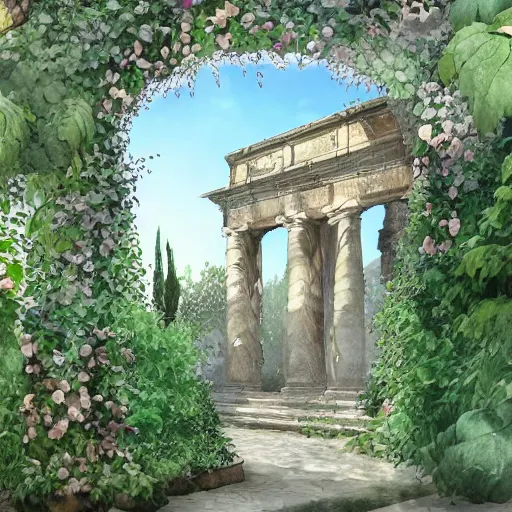 Prompt: garden on paper floating puffy vines herbarium watercolors iridescent 8 k wide angle realistic artstation italian neoliberty architecture pompeii
