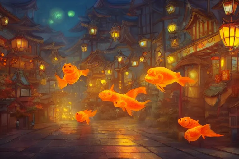 Image similar to fantasy art of glowing goldfish swimming in the air, in the streets of a japanese town at night, with people watching in wonder, by tyler edlin, highly detailed digital art, trending on artstation