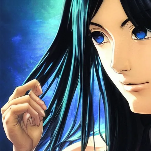 Image similar to highly detailed vfx portrait of nico robin by eiichiro oda!, makoto shinkai, alphonse mucha, art by artgerm and greg rutkowski!, backlit, harsh overhead sunlight, blue eyes!!, large aquiline nose!!, best of behance, concept art, matte, sharp focus, stanley kubrick - c 9. 0