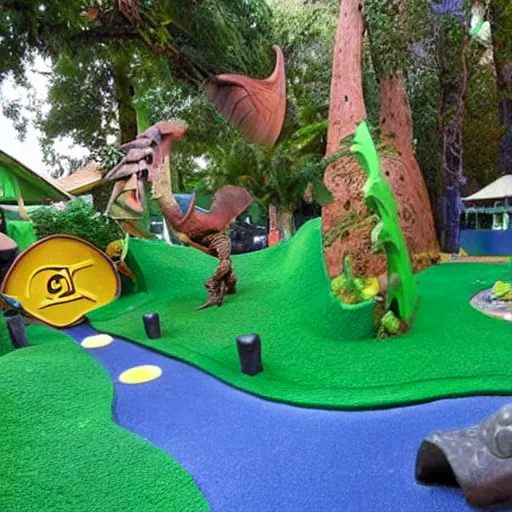 Prompt: dinosaur themed mini golf park, epic mini golf