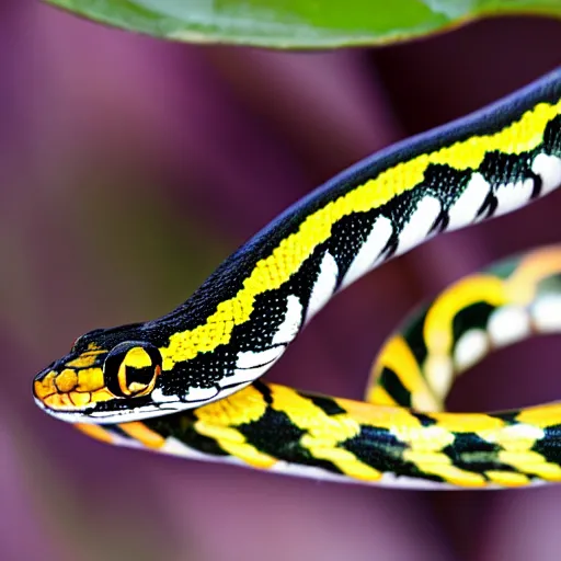 Image similar to checkered garter snake smelling a flower in the style of anime, cute