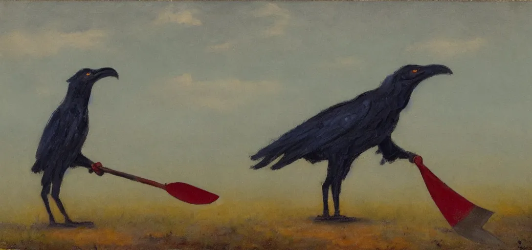 Prompt: moody tonalist painting ( 1 9 2 3 ) of wolf - faced crow monster wearing poncho and shako, carrying a shovel, contre - jour, prussian blue and red iron oxide, grunge, 2 2 0 film