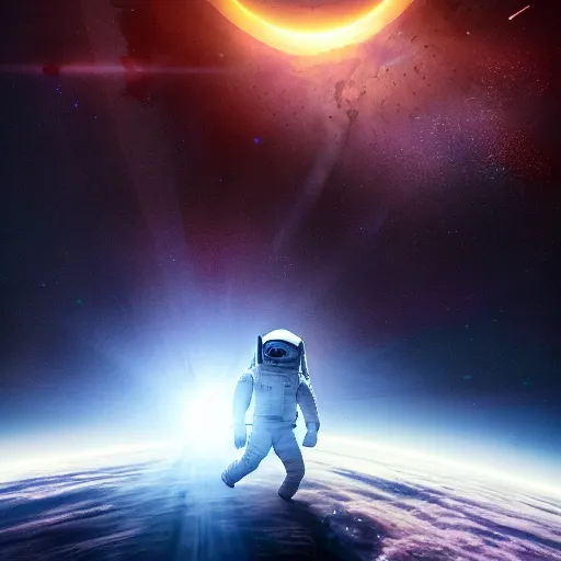 Image similar to an epic portrait of an astronaut entering multiverse of with a broken spaceship, cinematic lighting, epic