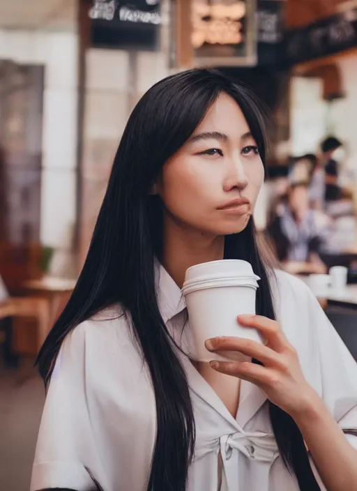 Prompt: stunning asian woman in a coffee shop staring at the lens wearing low poly, glossy white armor, 5 0 mm