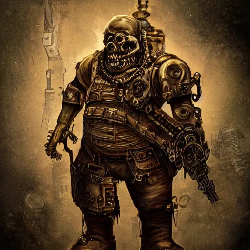 Image similar to highly detailed steampunk morbid obese undead heavy soldier with heavy machine guns, pipes connected to the head, madmax, intricate, rusty, green radioactive glow, toxic waste, Colchians painting, dynamic lighting, photorealistic concept art, trending on art station, stunning visuals, creative, cinematic, ultra detailed