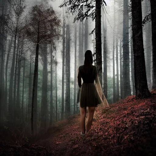 Image similar to woman in forest, double exposure photography, photorealistic, twilight, fog, haunted