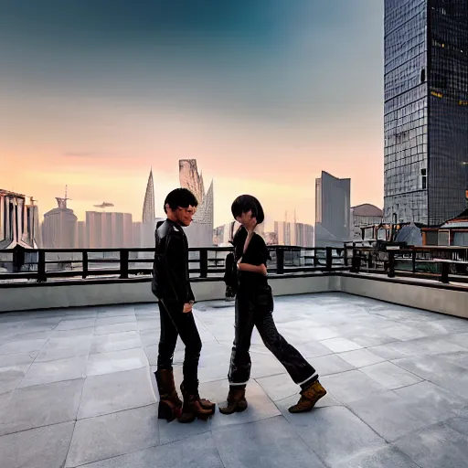 Prompt: a small rooftop with a couple of modern teenagers wearing cowboy boots and dr martens standing and talking to each other, wearing black modern clothes, modern shanghai bund is on the background, sunset, by gregory crewdson