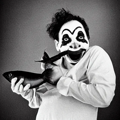 Prompt: portrait of a clown eating a fish, moon, analog photography, high res, stars visible, greyscale, film grain