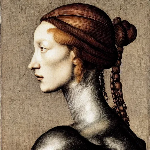 Prompt: side view portrait of cyborg kate moss by albrecht durer, william warehouse, jan van eyck