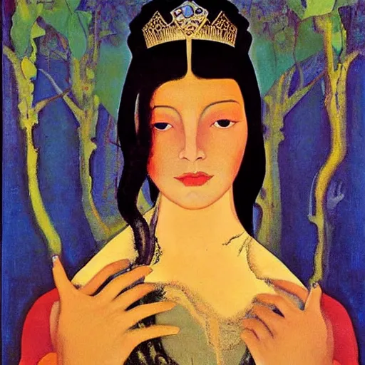 Prompt: a naturalist beautiful beautiful gorgeous vintage painting of a portrait of a queen with dark hair by nicholas roerich by gustave moreau, by eyvind earle by bruce pennington by georgia o keeffe, blood, skin reflective metallic