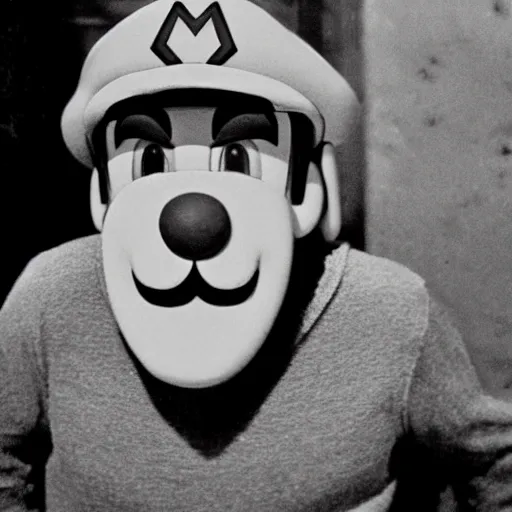 Image similar to realistic photograph of nintendo Mario in a hat with an M smoking in a french new wave Godard film aesthetic, black and white