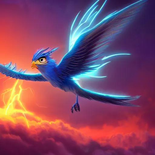 Image similar to a phoenix bird in flight, portrait, electric lightning, blue fire, furry, soft, concept art, sharp focus, intricate details, highly detailed, photorealistic, disney pixar, octane render, iridescent, anime, 8 k