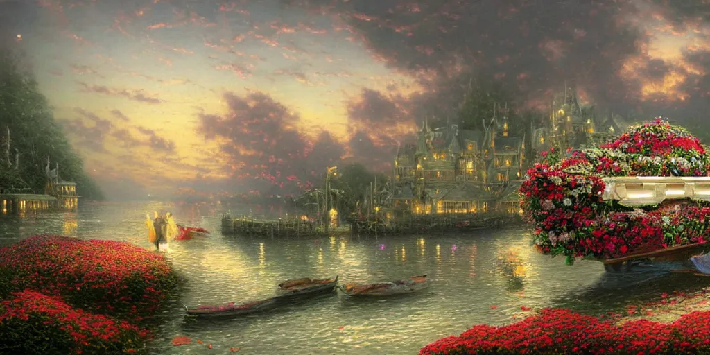 Prompt: an elaborate empty floating coffin adorned with flowers, evening, fantasy, regal, intricate, detailed matte painting by thomas kinkade and alan lee