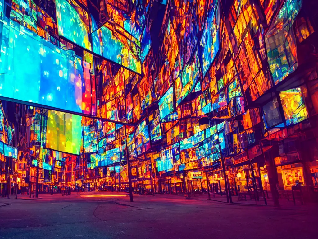 Prompt: streets with curved translucent screens projecting detailed art ( 2 0 4 2 ), large colorful images, pixel perfect photograph, high contrast, volumetric lighting, thin glowing lights, chair, users, pair of keys