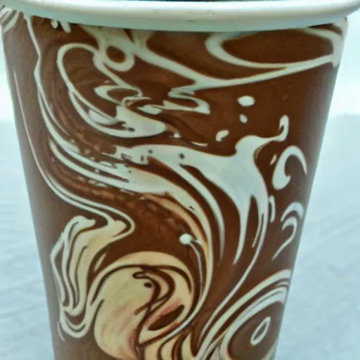 Prompt: mucha mocha latte barrista creamer art drawing on the top of the cappucinno froth