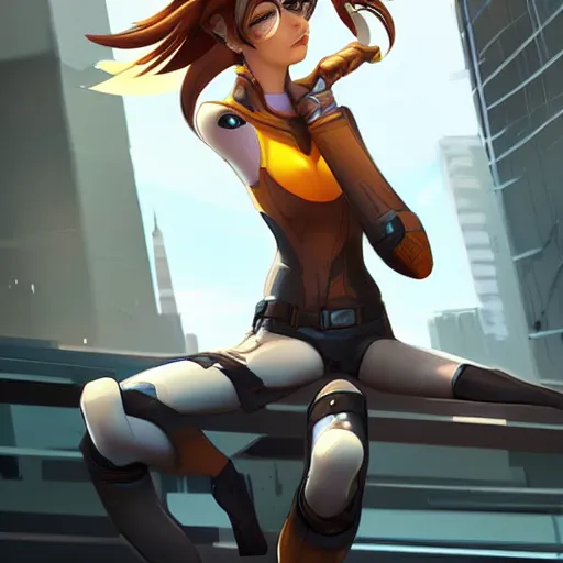 Image similar to digital artwork of tracer sitting on a rooftop, in the style of artgerm, detailed face, expressive face, sitting position, feminine face,