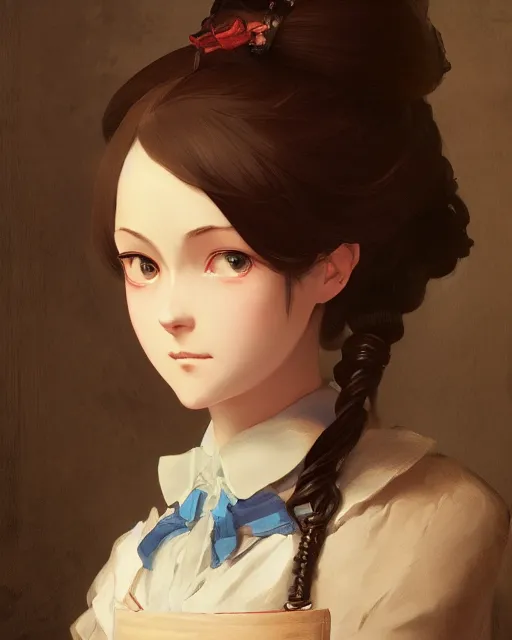 Prompt: a portrait of a victorian maid, victorian reading room, vivid colors, soft lighting, atmospheric, cinematic, moody, in the style of Ilya Kuvshinov and Range Murata, Krenz Cushart, oil on canvas, anime, 8K